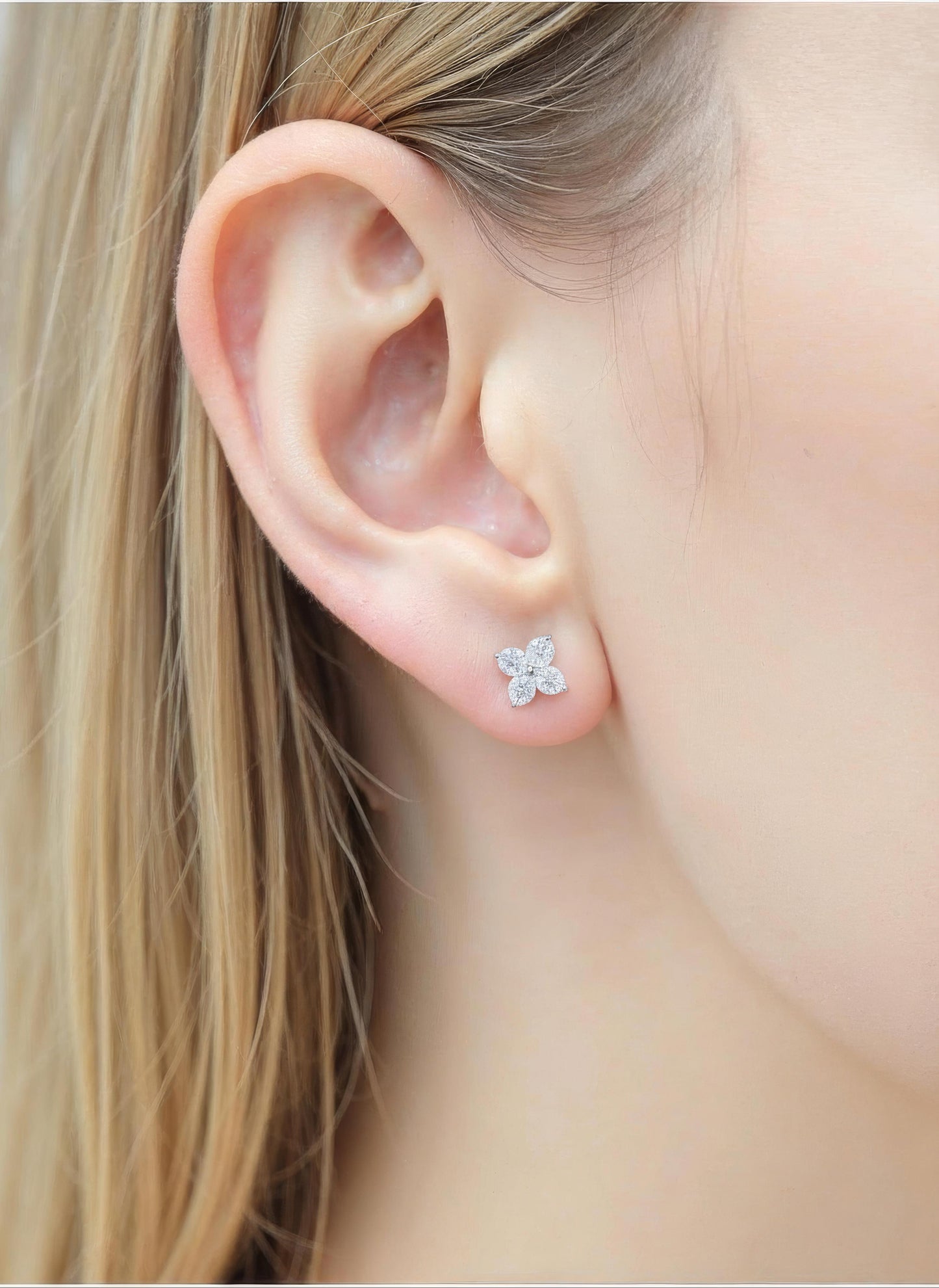 Elegant Diamond Flower Stud Earring CZ Diamond, 925 Sterling Silver