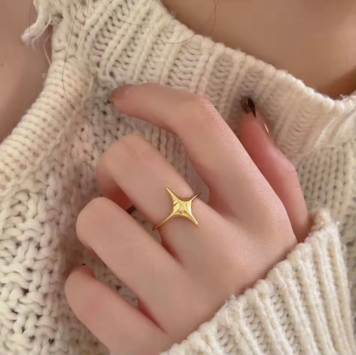 Gold Plated Four Point Star Adjustable Ring, 925 Sterling Silver