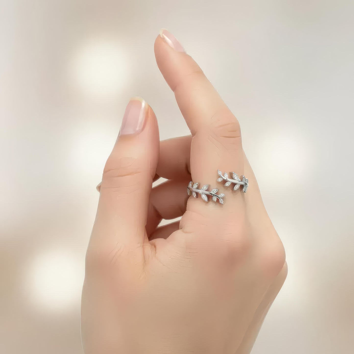 Adjustable Sparkling Leaf Ring , 925 Sterling Silver