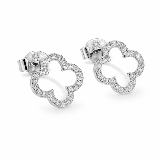 Open Clover Earring CZ Diamond, 925 Sterling Silver