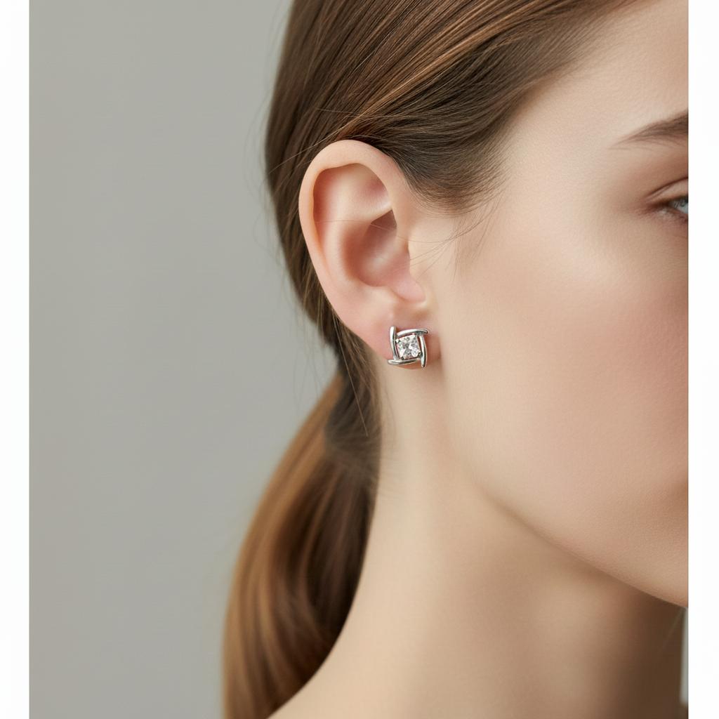 Square Sparkle CZ Diamond Stud Earring, 925 Sterling Silver