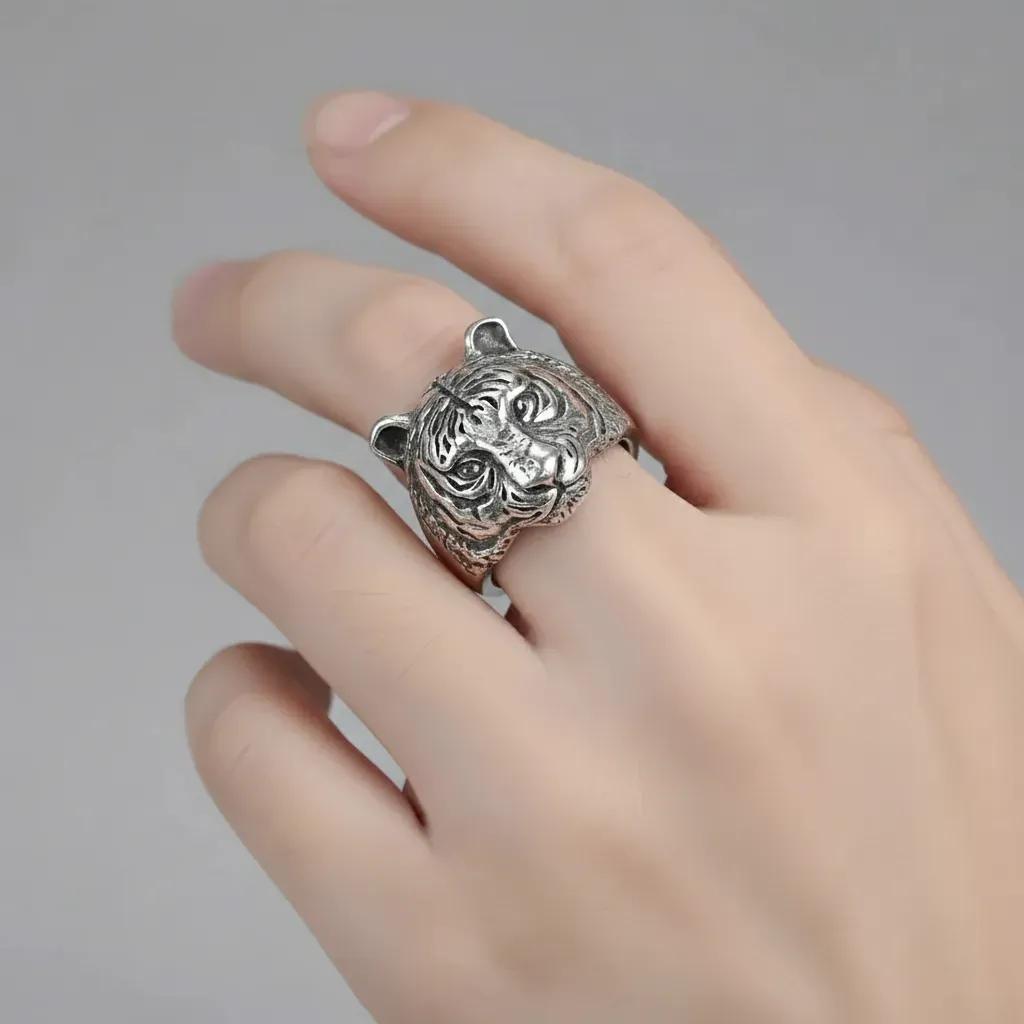 Vintage Tiger Head Ring, 925 Sterling Silver