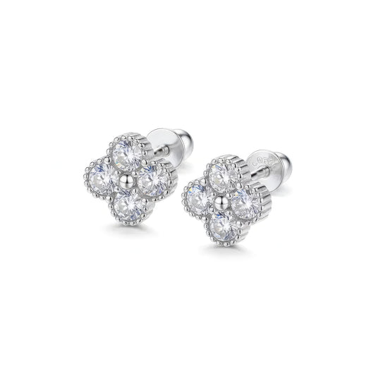 Clover Stud Earring CZ Diamond, 925 Sterling Silver