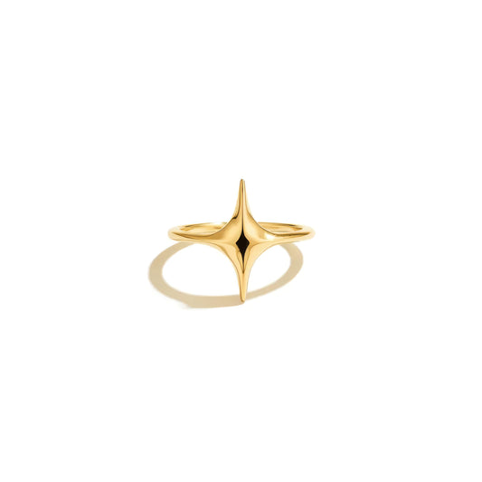 Gold Plated Four Point Star Adjustable Ring, 925 Sterling Silver