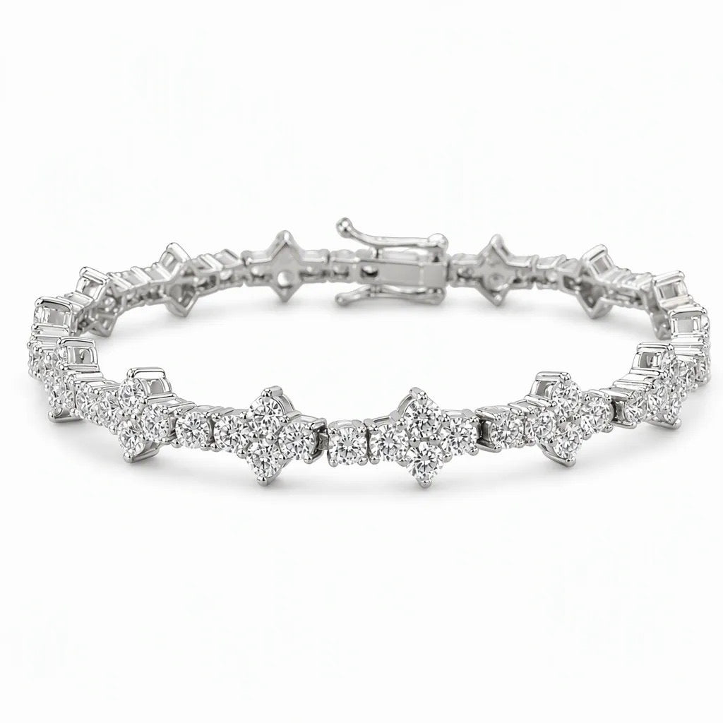 3mm Clover Diamond Star Moissanite Bracelet, 925 Sterling Silver