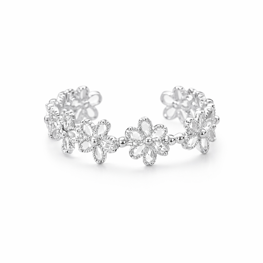 Adjustable Sparkling Flower Chain Ring, 925 Sterling Silver