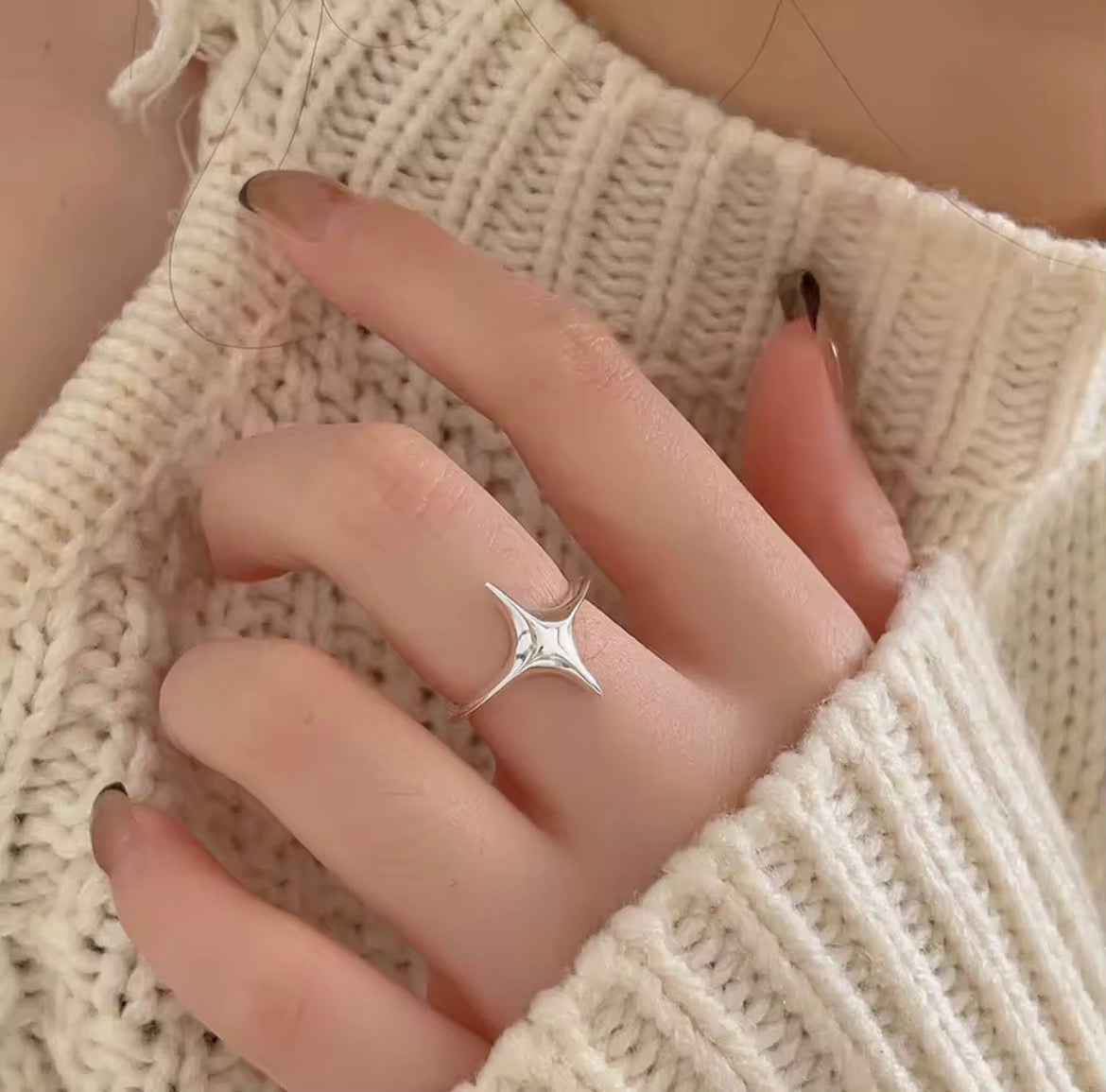 Four Point Star Adjustable Ring, 925 Sterling Silver