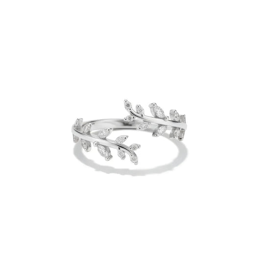 Adjustable Sparkling Leaf Ring , 925 Sterling Silver