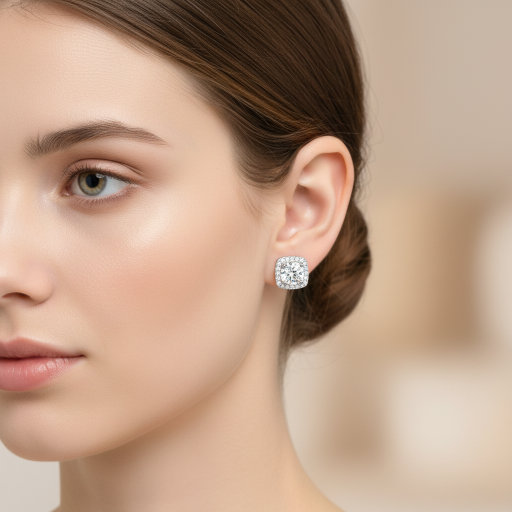 Moissanite 8mm Halo Earrings, 925 Sterling Silver