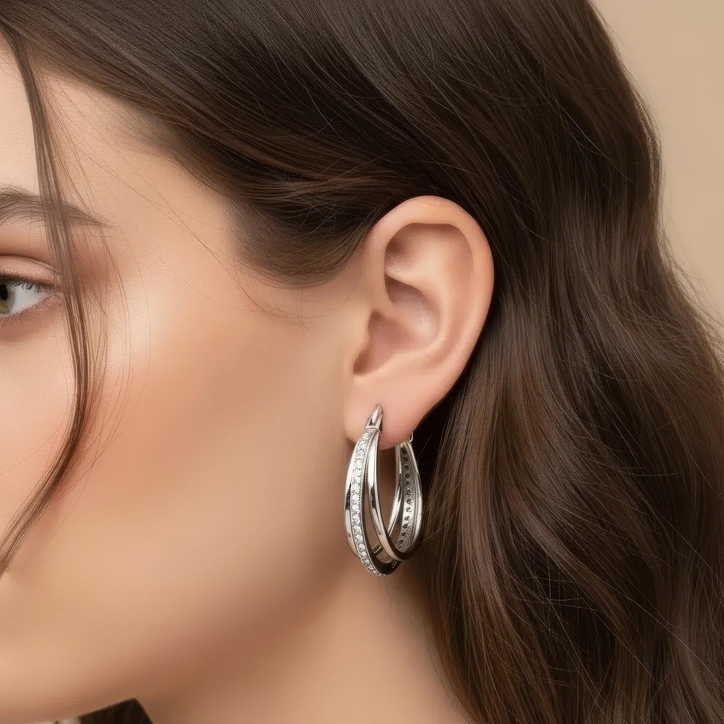 Triple Hoop CZ Diamond Earring, 925 Sterling Silver